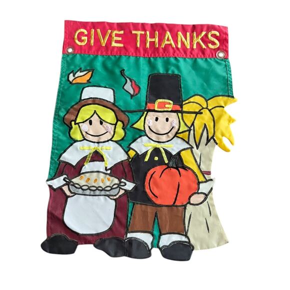 Give Thanks Thanksgiving Yard Garden Flag Pilgrims Pumpkins Indoor Outdoor READ - Picture 1 of 6